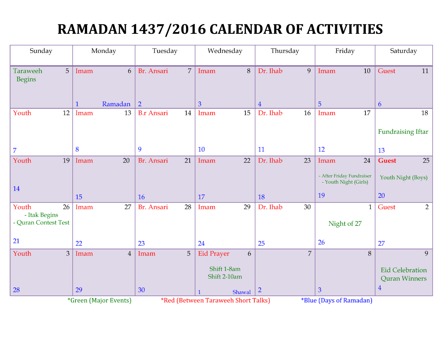 Ramadan Activity Calendar Apex Mosque